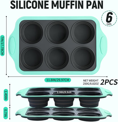 Muffin Pans for Baking 6 Cups, Silicone Foldable Muffin Pan with Metal Frame, Collapsible Cupcake Pan, Egg Bite Molds, Muffin Tin Tray for Baking Homemade Brownies Puddings (2)
