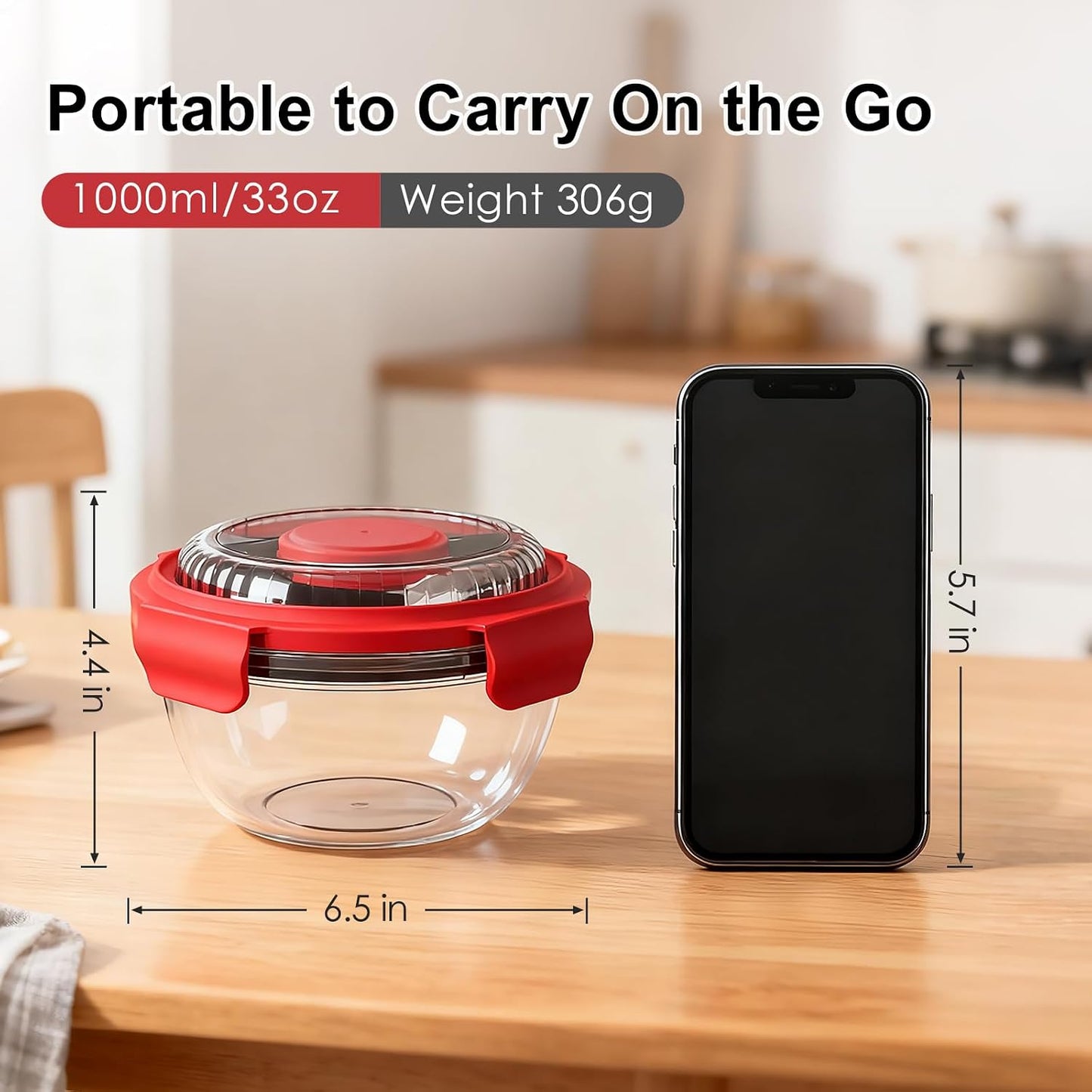 WHALEHOUSE Clear Eco-friendly SK chemicals ECOZEN Salad Container, 33OZ Portable Plastic Salad Bowls with Lid & Snack Tray, Leak-Proof Dressing Container, Reusable Fork, Lunch Box for Meal Prep (Pink)
