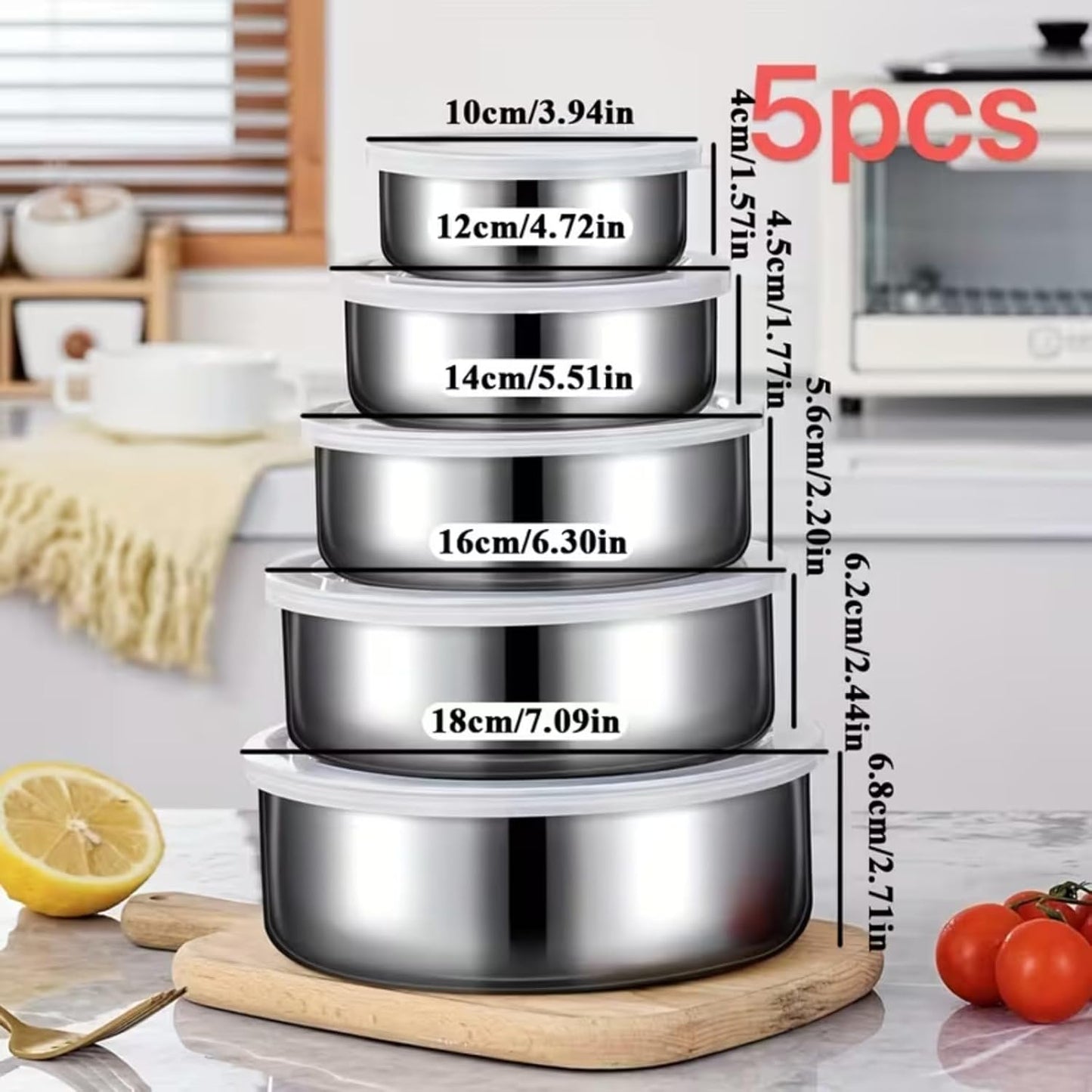 5 Pcs Stainless Steel Mixing Bowls with Lids, Nesting Food Storage Containers for Kitchen Fridge, Stackable Metal Serving & Prep Bowl Set