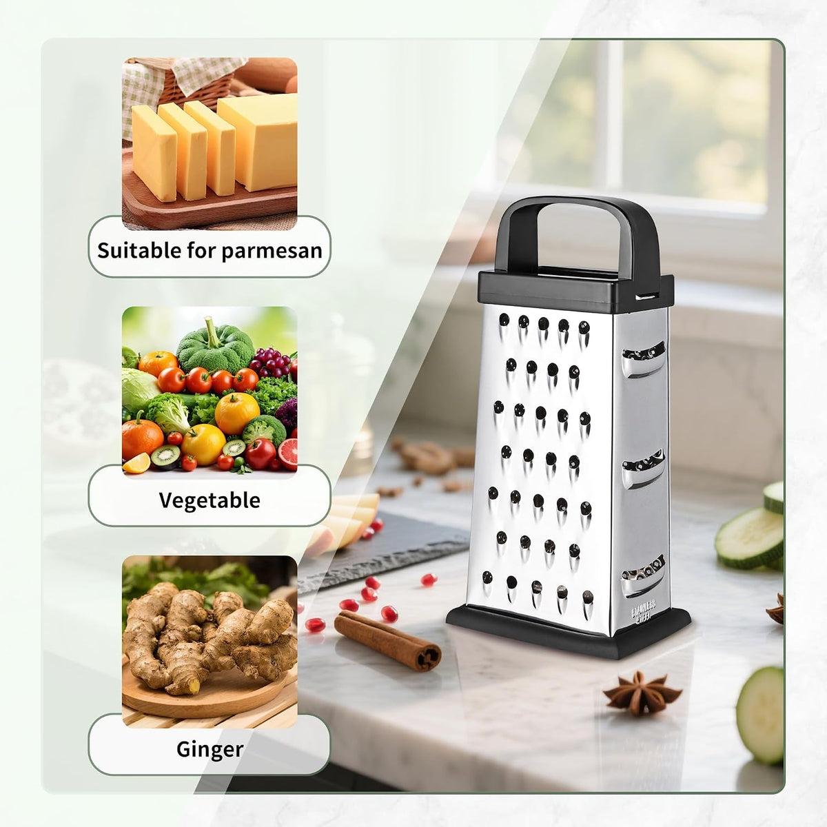 Kaishun Mini Cheese Grater,4-Sided Box Grater for Cheese, Vegetable & Fruit