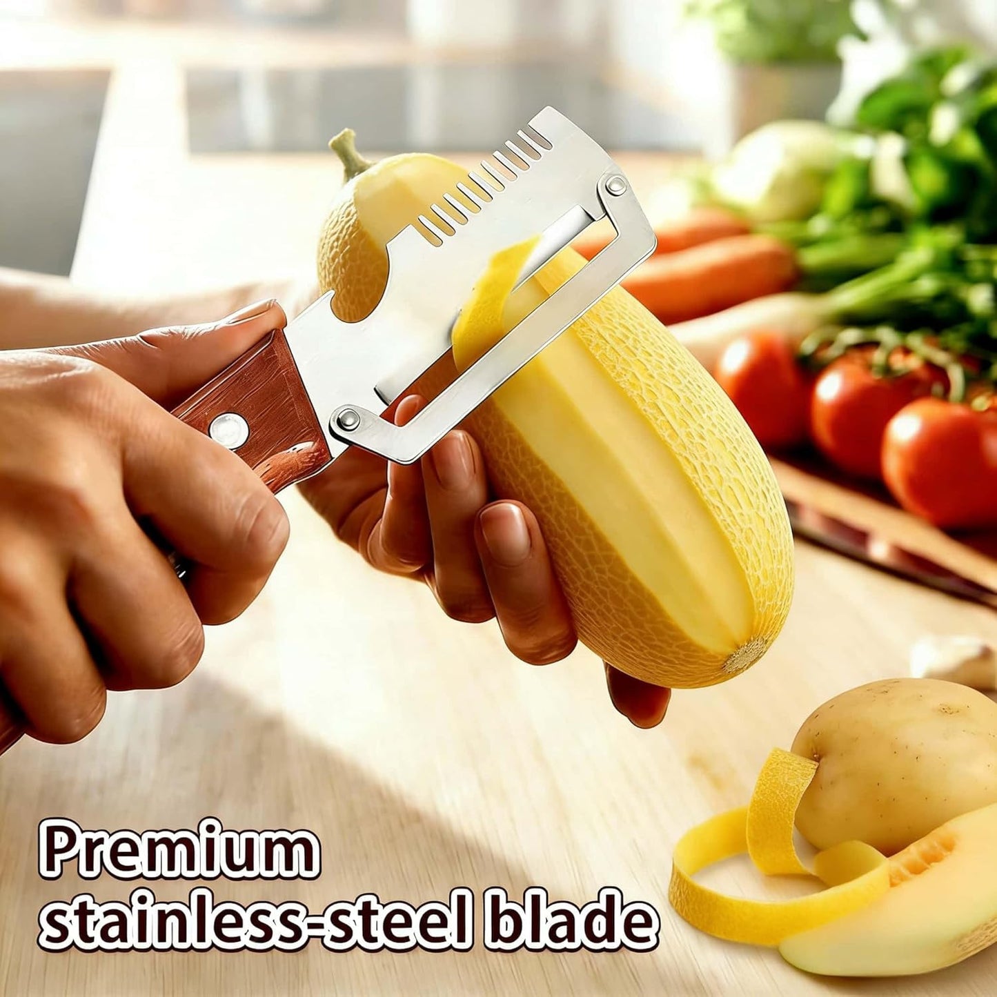 Elite Vegetable Peeler and Julienne Shredder Tool, Multifunctional Vegetable Peeler with Wooden Handle & Bottle Opener Grater 3 in 1 Kitchen Gadgets for Potatoes Carrots and Vegetables Fruits (2pcs)
