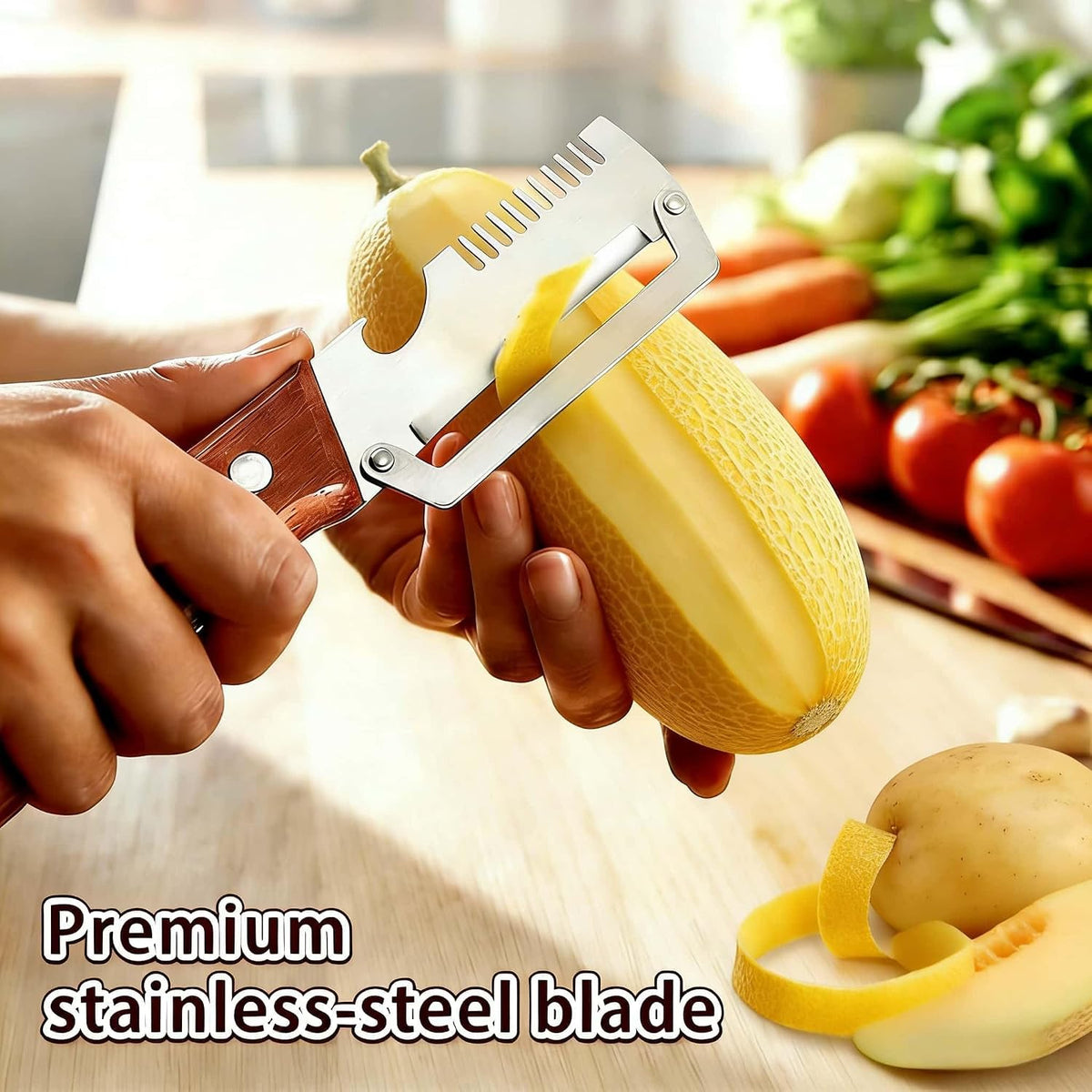 Elite Vegetable Peeler and Julienne Shredder Tool, Multifunctional Vegetable Peeler with Wooden Handle & Bottle Opener Grater 3 in 1 Kitchen Gadgets for Potatoes Carrots and Vegetables Fruits (2pcs)
