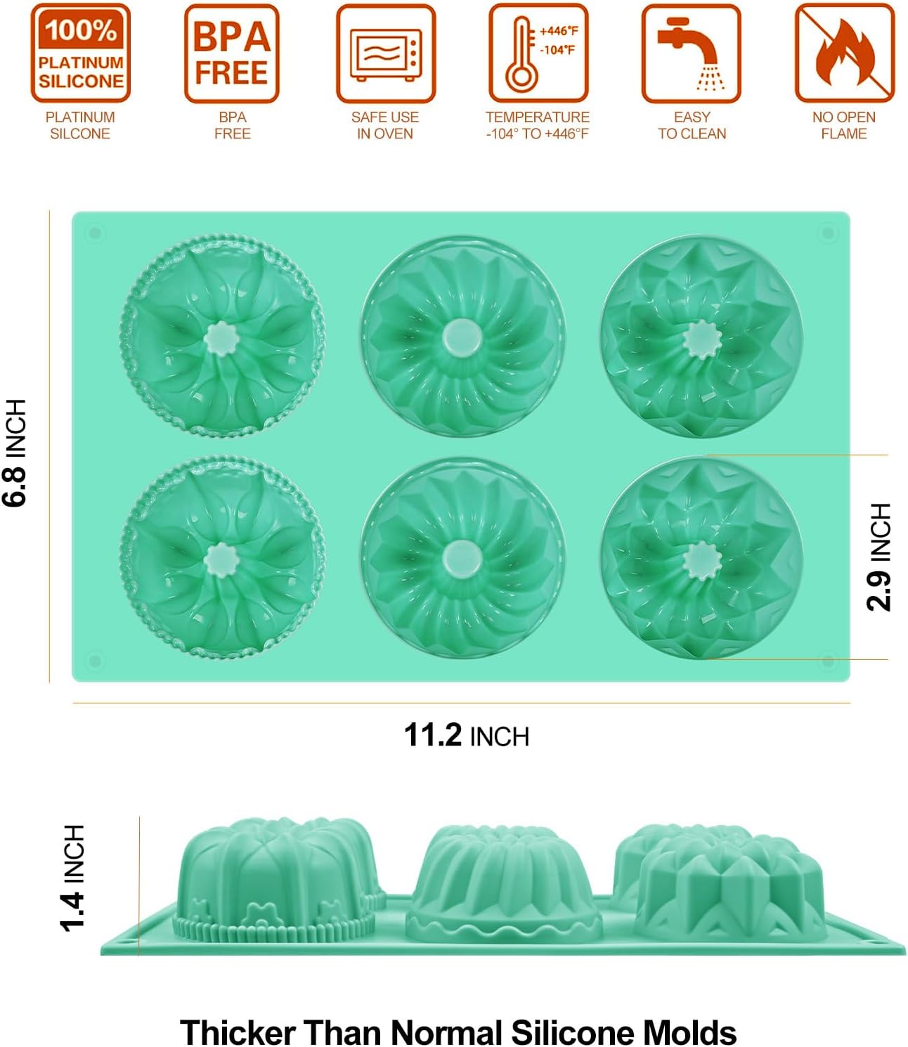 HUAKENER 2 Pcs Mini Fluted Cake Pan, 6-Cavity Fluted Cake Mold, Non-stick Silicone Baking Mold for Cupcakes, Donuts, Cornbread, Brownies, Jellies