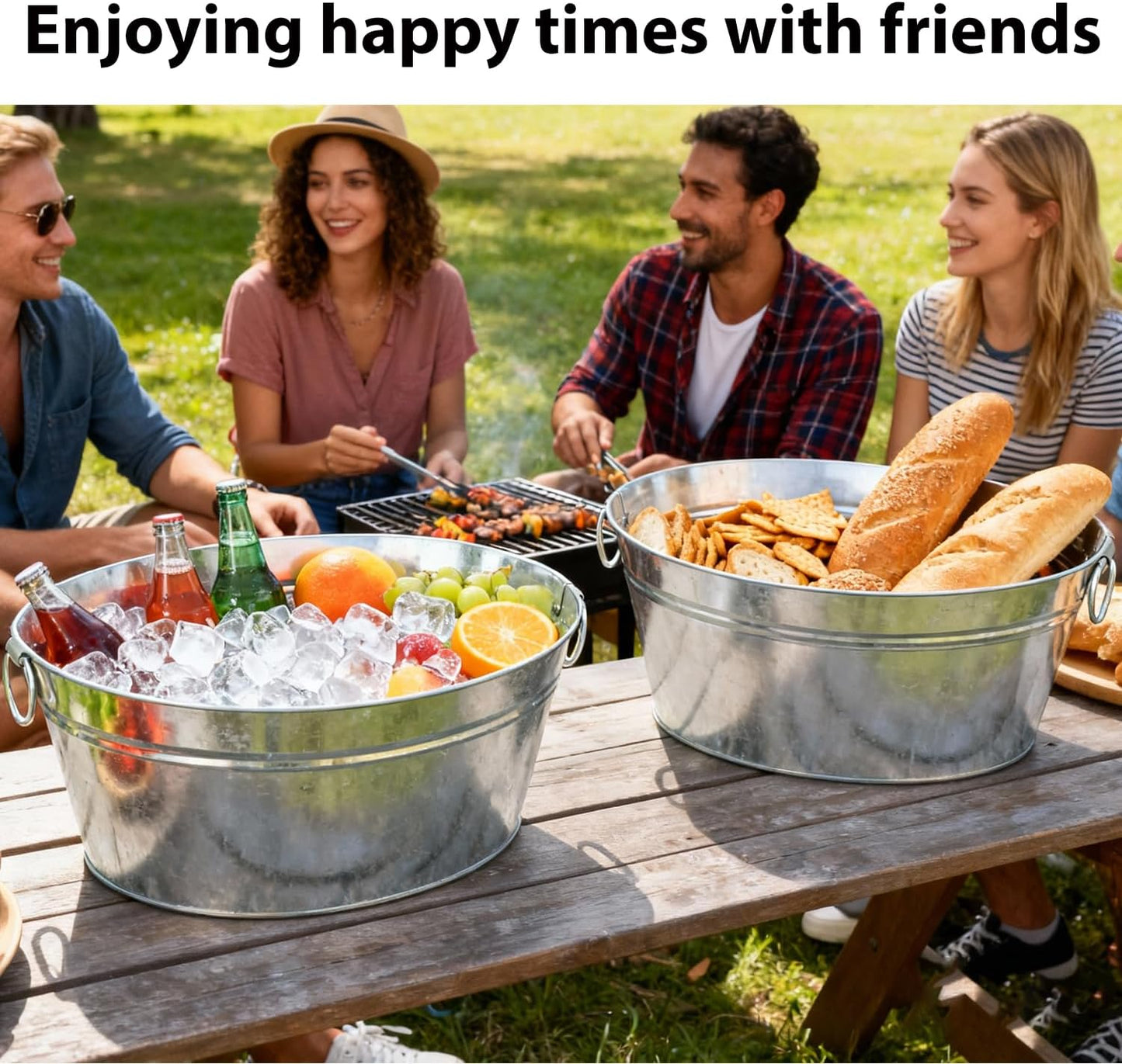 2 PCS 15.3 x 11.7 inch Oval Galvanized Tub with Handles, 3.5 Gallon Metal Ice Bucket, Large Metal Drink Buckets for Wine, Cocktails, Parties, Outdoor Beer Ice Tub