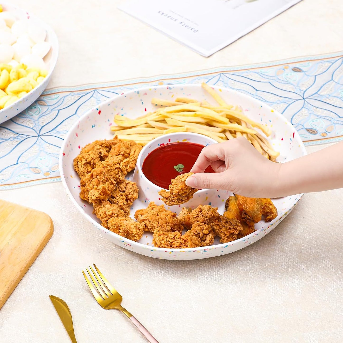 Melamine Chip & Dip Serving Platter Set of 2, 13 Inch Large Melamine Divided Bowls Set, Lightweight and Unbreakable Relish Tray for Appetizers, Snacks, Veggies, Candy - Elegant White Confetti Design
