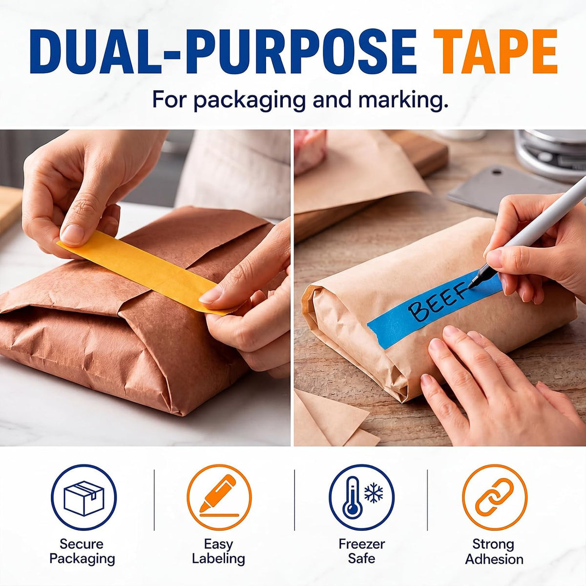 Resurhang Freezer Label Kit for Food Storage Includes 500 Pcs Waterproof Removable Food Labels 3/4 Inch x 55 Yd, 3 Rolls Masking Tape, 3 Marker Pens for Kitchens Refrigerator Meal Prep(White)