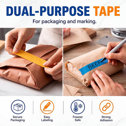 Resurhang Freezer Label Kit for Food Storage Includes 500 Pcs Waterproof Removable Food Labels 3/4 Inch x 55 Yd, 3 Rolls Masking Tape, 3 Marker Pens for Kitchens Refrigerator Meal Prep(White)