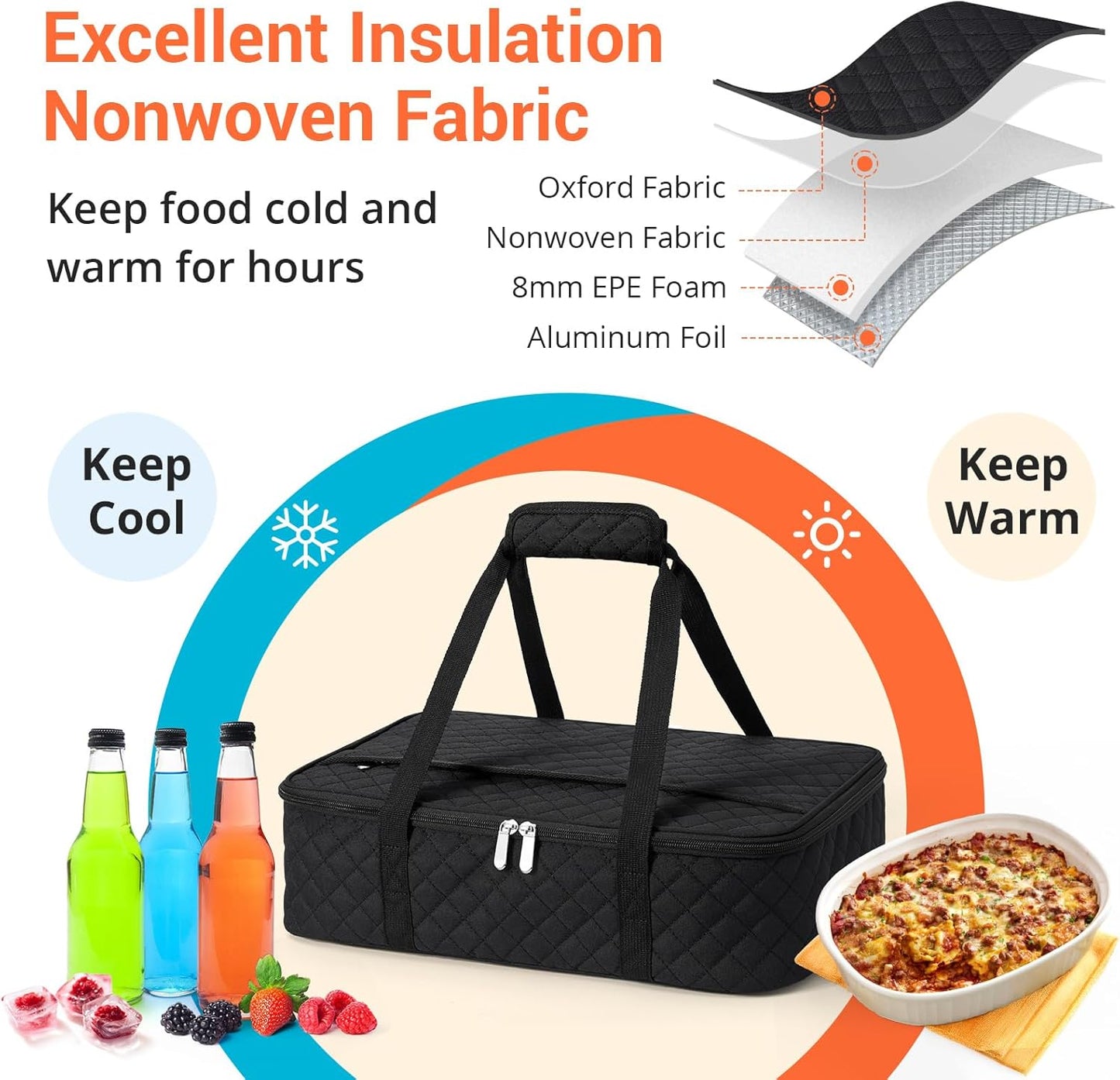 Insulated Casserole Carrier Portable Food Tote for Hot or Cold – Fits 9"x13" Baking Dish, Lasagna Holder for Parties, Picnic, Travel, Beach - Black