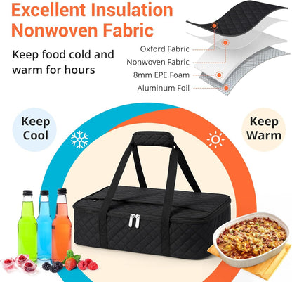 Insulated Casserole Carrier Portable Food Tote for Hot or Cold – Fits 9"x13" Baking Dish, Lasagna Holder for Parties, Picnic, Travel, Beach - Black