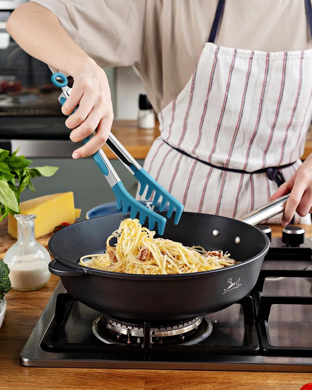 Silicone Spaghetti Spoon & Pasta Tong, Non-Stick Stainless Steel Handle Pasta Fork Set with Teeth, Food Clip for Easy Serving of Noodles (Blue)