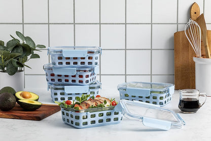 Ello Duraglass 3.4 Cup Meal Prep 10Pc,Set,Glass Food Storage Container with Silicone Sleeve and Airtight BPA-Free Plastic Lids,Dishwasher,Microwave & Freezer Safe,Evening Orchard,5 Count (Pack of 2)
