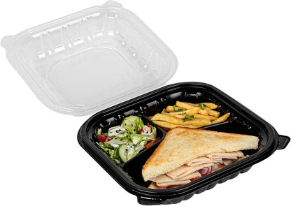 Thermo Tek 40 Ounce Clamshell Containers, 50 Disposable Take Out Boxes - 3 Compartments, Ventilated Lids, Black Plastic Meal Prep Containers, Microwavable, For Pasta Or Salads - Restaurantware