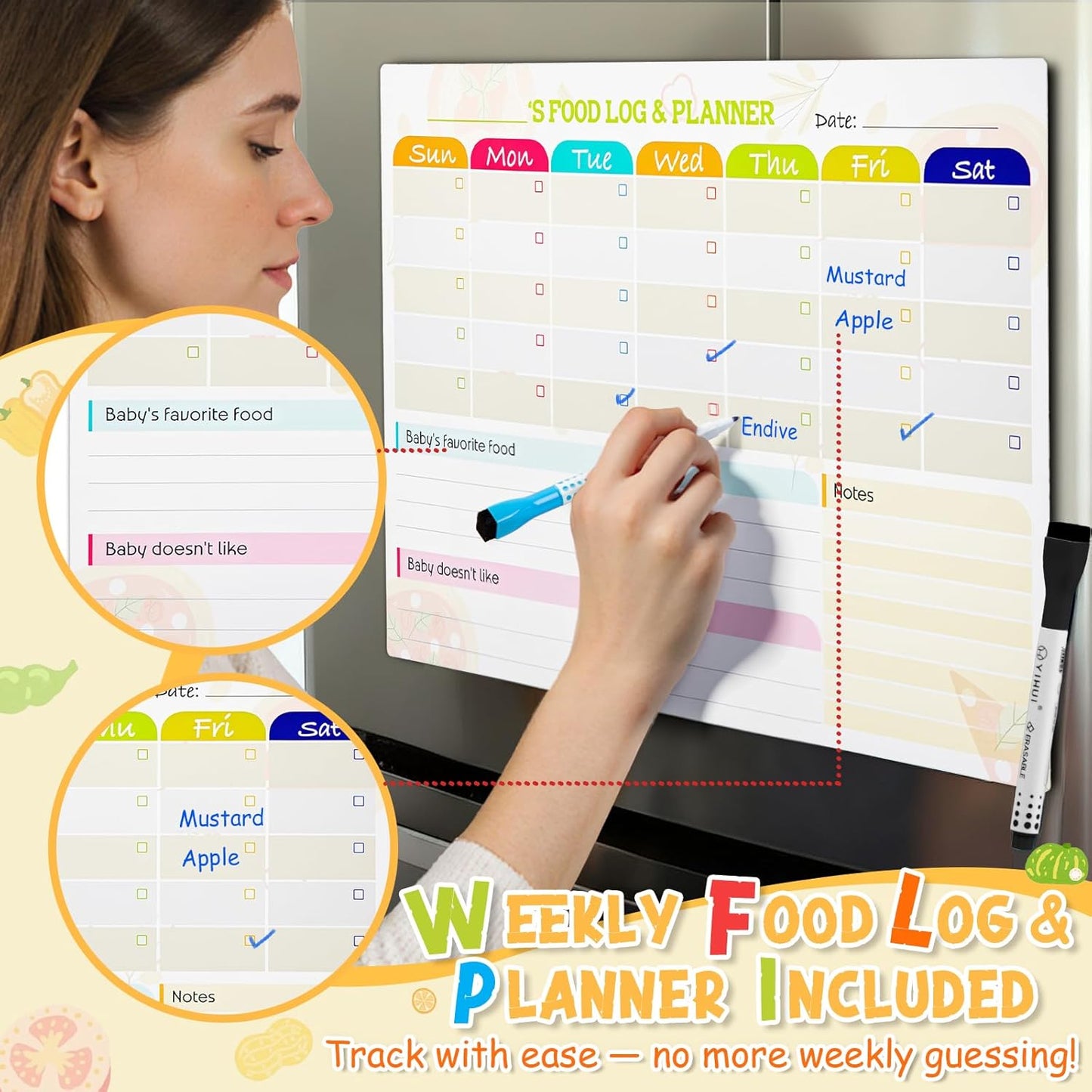 101 Foods Before 1 Checklist Magnet – Baby Food Chart & First Foods Fridge Magnet – Baby First Foods Tracker with Weekly Meal Planner – Dry Erase Baby Food Tracker Fridge Magnet with 3 Markers