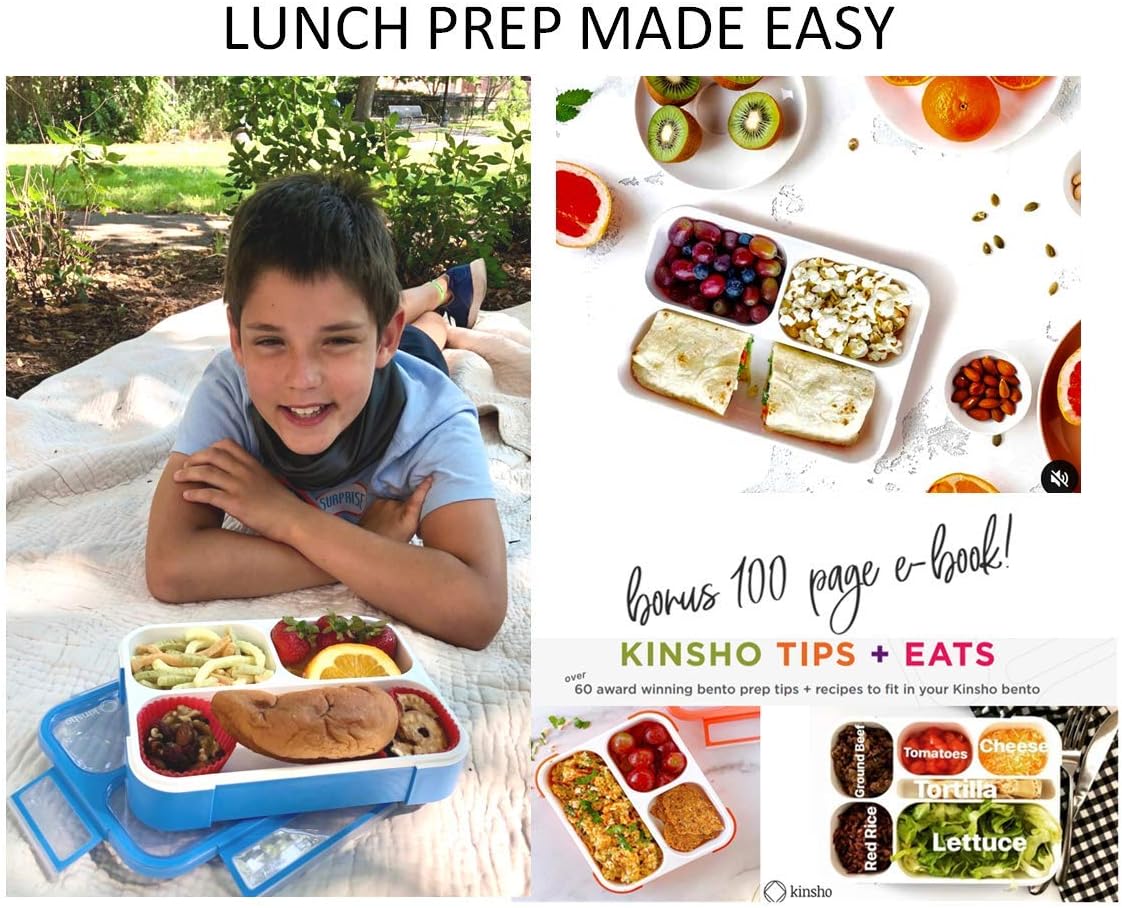 Bento Lunch Box Kids & Adults, Lunch and Snack Containers for Boys & Girls with 3 Compartments - School, Work Daycare, Meal Planning Portion Control Container, BPA-Free Boxes, Utensils, Blue 1 pack