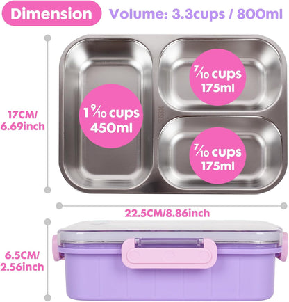 Stainless Steel Bento Lunch Box for Kids, 800ml/27oz BPA-Free Leak-Proof Food Containers with 3 Compartments, Freezer & Dishwasher Safe, Back to School Students Lunches Size for Ages 3-7