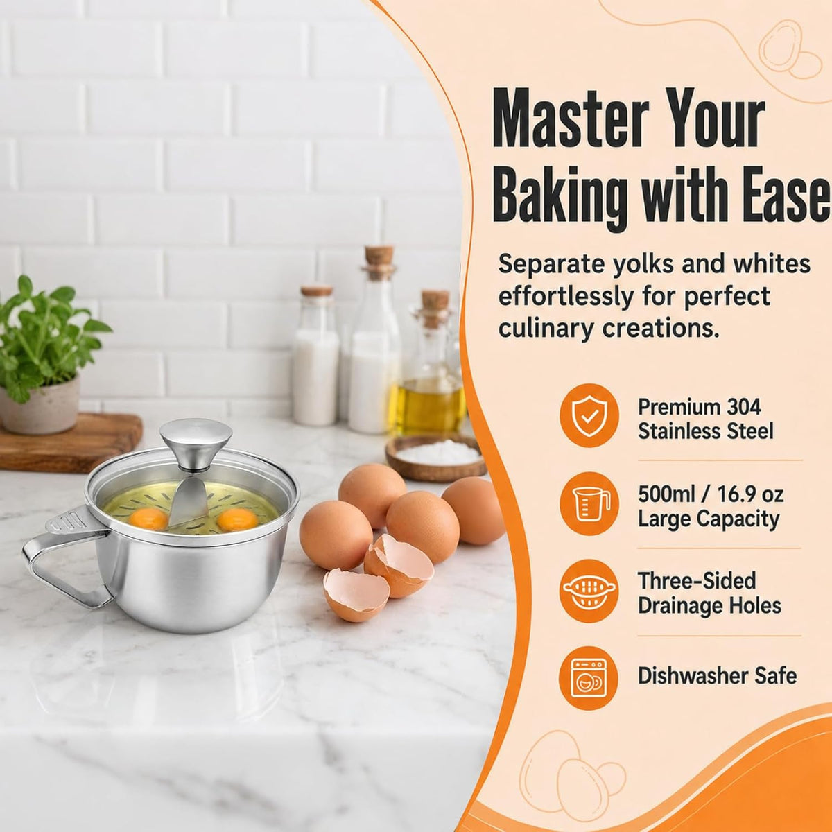 Egg Yolk Separator with Bowl and Lid, 17 oz / 500 ml Bowl, 5-Egg Capacity