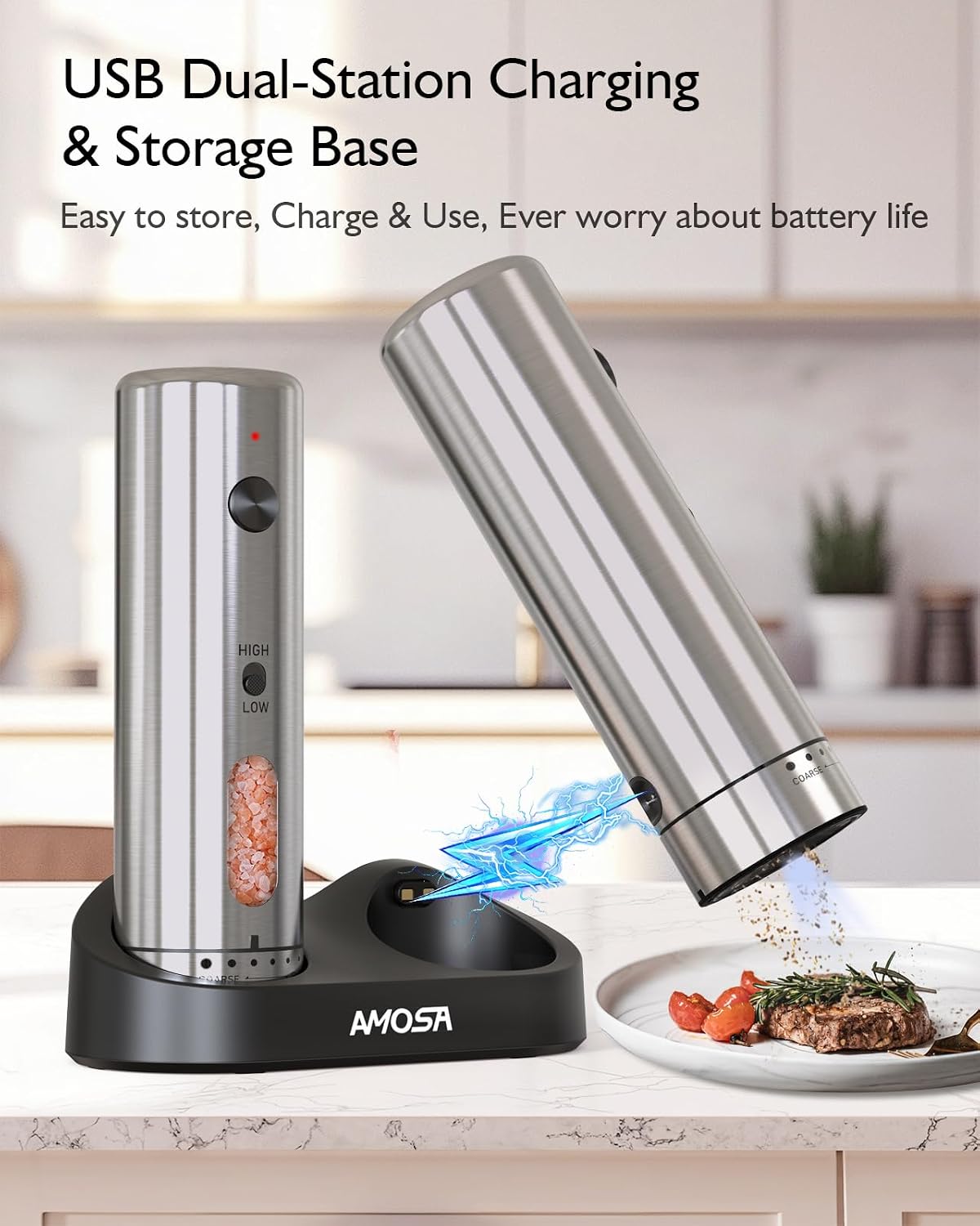 Electric Salt and Pepper Grinder Set, 2 in 1 Dual Bins USB Rechargeable