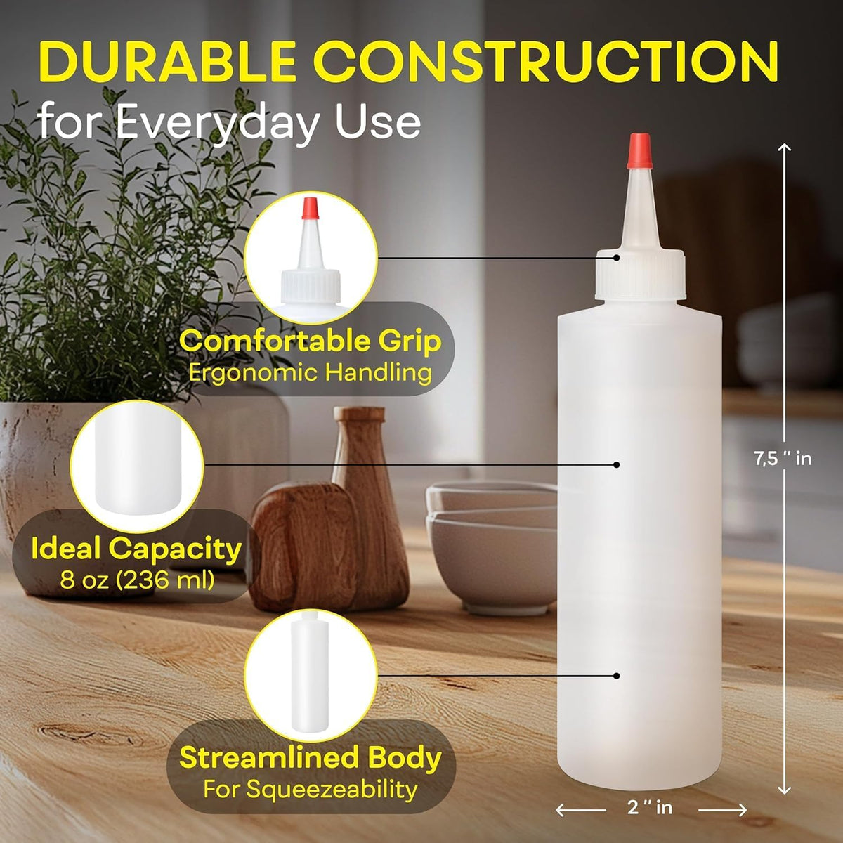 BRIGHTFROM Condiment Squeeze Bottles, 8 OZ Empty Squirt, Red Top Cap, Leak Proof - for Ketchup, Mustard, Syrup, Sauces, Dressing, Oil, Arts & Crafts, BPA FREE Plastic - Perfect for Kitchen