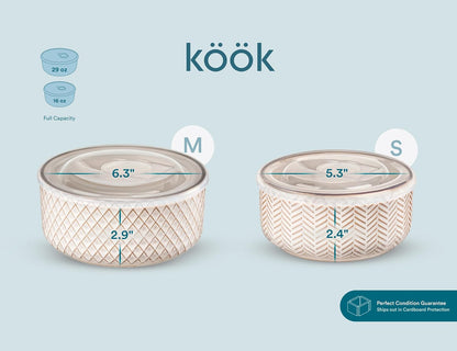 KooK Serving Bowls, with Lids, Ceramic Nesting Bowls, Set of 4, Embossed, Kitchen, Prep, Stackable, Gift, Microwave and Dishwasher Safe, 10/16/29/47 oz, Narbonne Collection (Ivory)