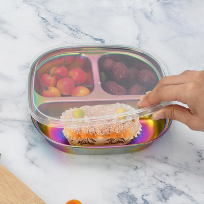 4-Pack Stainless Steel Divided Plates with Lids –Portion Control Meal Trays for Balanced Meals – BPA-Free, Shatterproof, Dishwasher Safe – Ideal for Home, Travel, School (Colorful-3-Section)