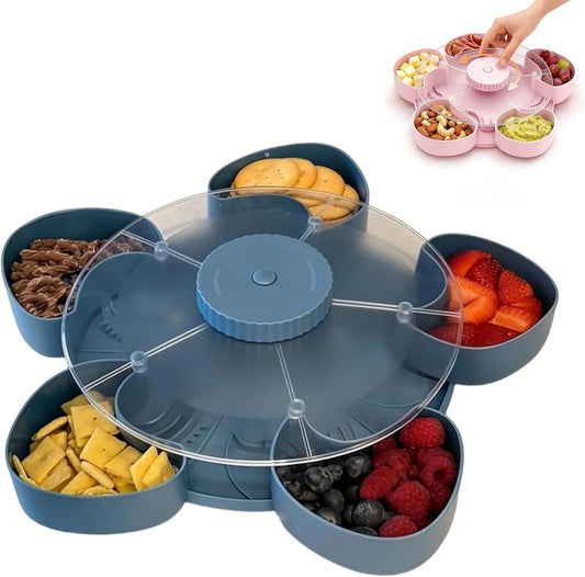 Divided Serving Tray that Spins with Lid, Rotating Snack Tray with 5 Compartments, Divided Spin and Snack Serving Tray, Snack Organizer for Fruit, Nuts, Candy, Veggies, Party Appetizers (Gray)
