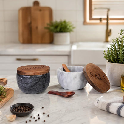 2 Pack Marble Salt Cellar,Salt&Pepper Containers with Lid and Spoon