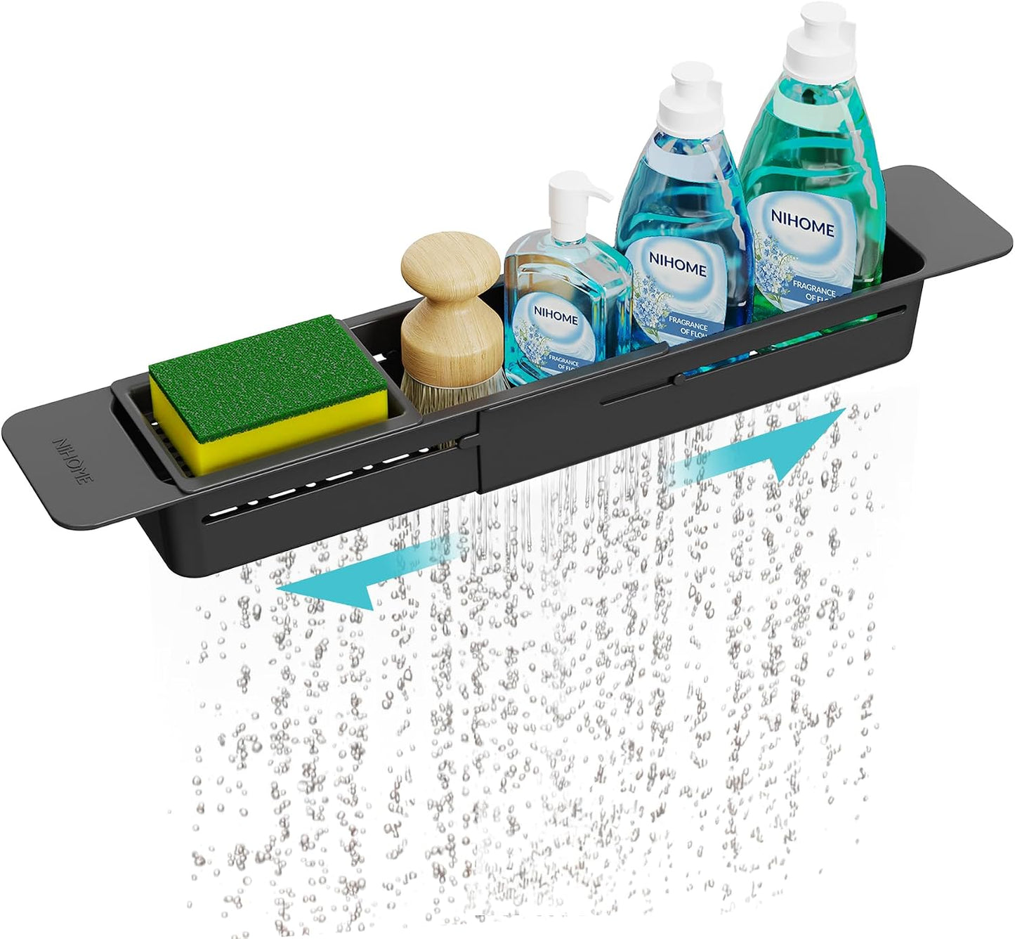 NiHome Extendable Over Sink Kitchen Organizer, Small Telescopic Brush Storage Rack for Sponge, Non-Slip Pads Expandable Sink Caddy, Adjustable Sponge/Brush Rack with Drainage Durable ABS (Dark Gray)