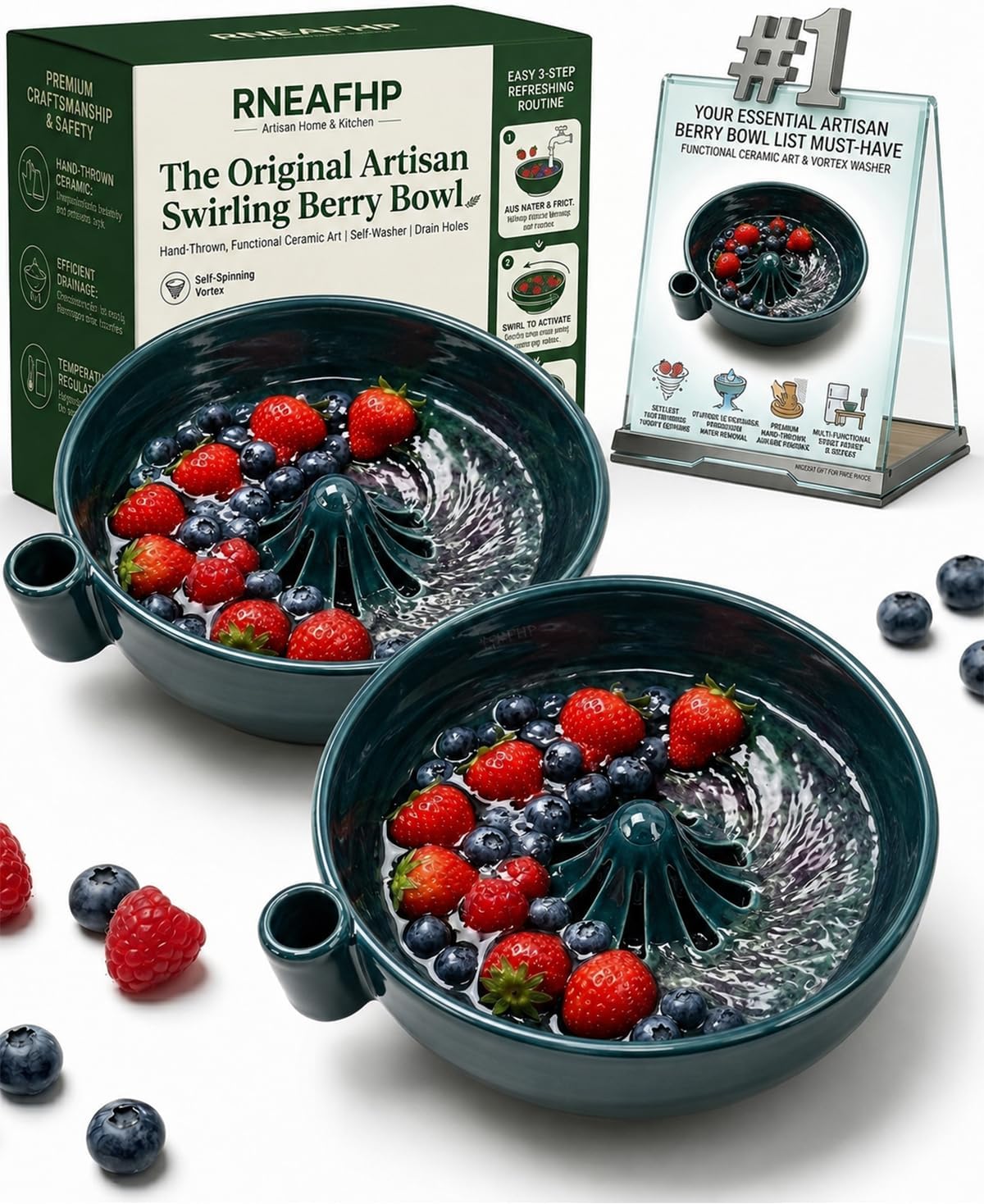 The Original Artisan Swirling Berry Bowl – Hand-Thrown, Functional Ceramic Art Self Washer Spinning Vortex Berry Washing Bowls Fruit Basket Automatic Quick Rotating Cleaning with Drain Holes