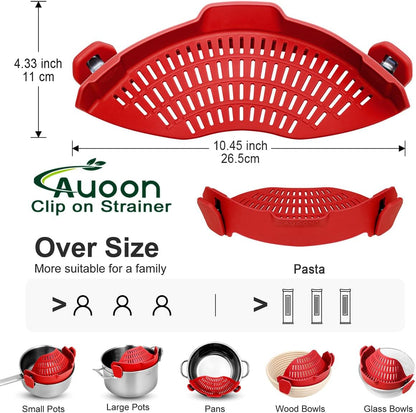 AUOON Clip On Strainer Silicone for All Pots and Pans, Pasta Strainer Clip on Food Strainer for Meat Vegetables Fruit Silicone Kitchen Colander