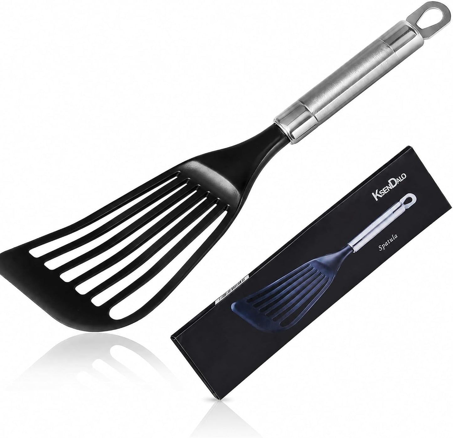 KSENDALO Thin Flexible Fish Spatula for Nonstick Cookware, Black | Egg Flipper Turner w/Hollow Steel Handle, Slotted Angled LFGB Complaint Nylon Blade, Dishwasher Safe, Silver Handle