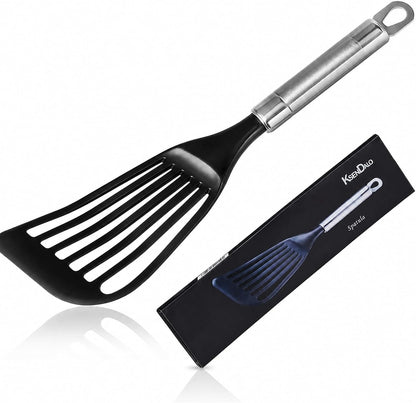 KSENDALO Thin Flexible Fish Spatula for Nonstick Cookware, Black | Egg Flipper Turner w/Hollow Steel Handle, Slotted Angled LFGB Complaint Nylon Blade, Dishwasher Safe, Silver Handle