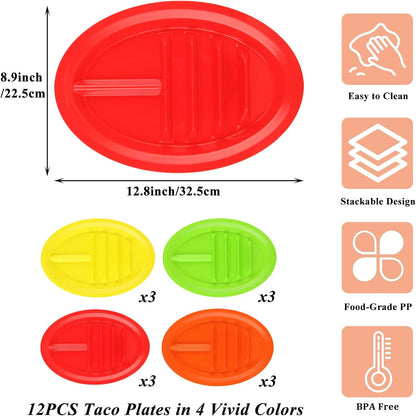 Acrux7 12 Pack Plastic Taco Plates with Dividers, Large Taco Holder Plates, Colorful Taco Trays Microwave & Dishwasher Safe, Hold 3 Tacos, 2 Dipping Areas, Taco Plate for Taco Tuesday Taco Night Party