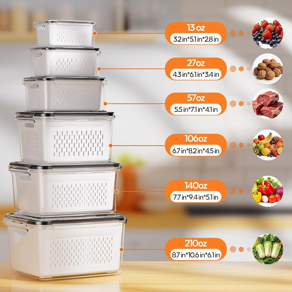 Fruit Storage Containers for Fridge - 6 Pack Produce Storage Containers with Removable Colander, Leakproof Refrigerator Fruit Organizers Keep Berry Veggie Salad Meat Fresh Longer, Largest 6.55 Quart