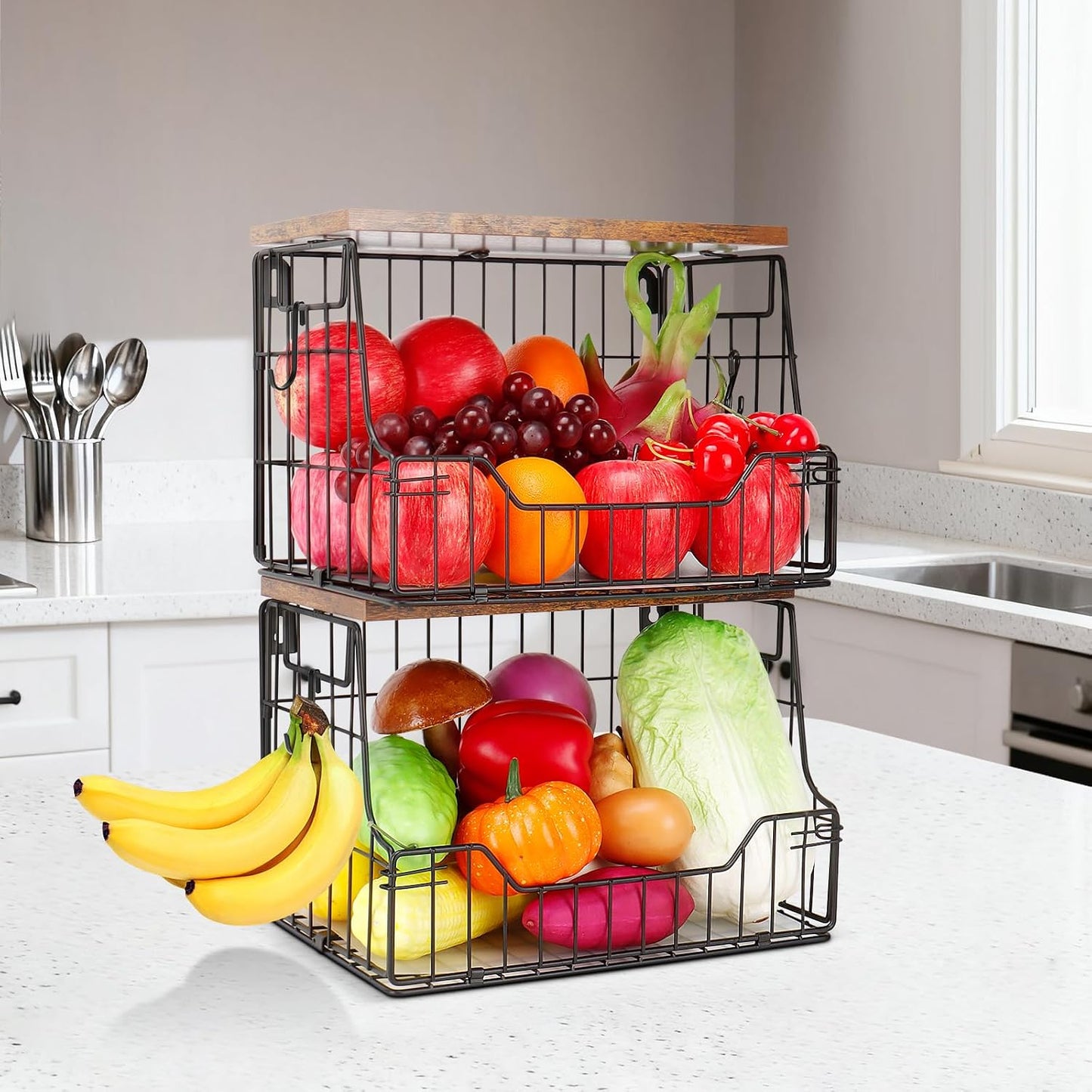Livabber Fruit Basket for Kitchen, Metal Fruit Vegetable Storage Bin with 2 Banana Hangers, Countertop Wire Basket Organizer for Snack Potato Onion, Screw Mounted or Stand (Black, 1 Pack)
