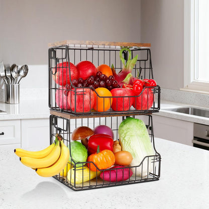 Livabber Fruit Basket for Kitchen, Metal Fruit Vegetable Storage Bin with 2 Banana Hangers, Countertop Wire Basket Organizer for Snack Potato Onion, Screw Mounted or Stand (Black, 1 Pack)