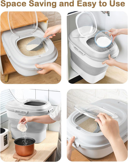 20-30 Lbs Rice Storage Container,Collapsible Food Storage Containers with Rolling Wheel Airtight Locking Lid,Flour Storage Container with Cup and Scoop,Suitable for Food,Rice,Pet Food,Flour
