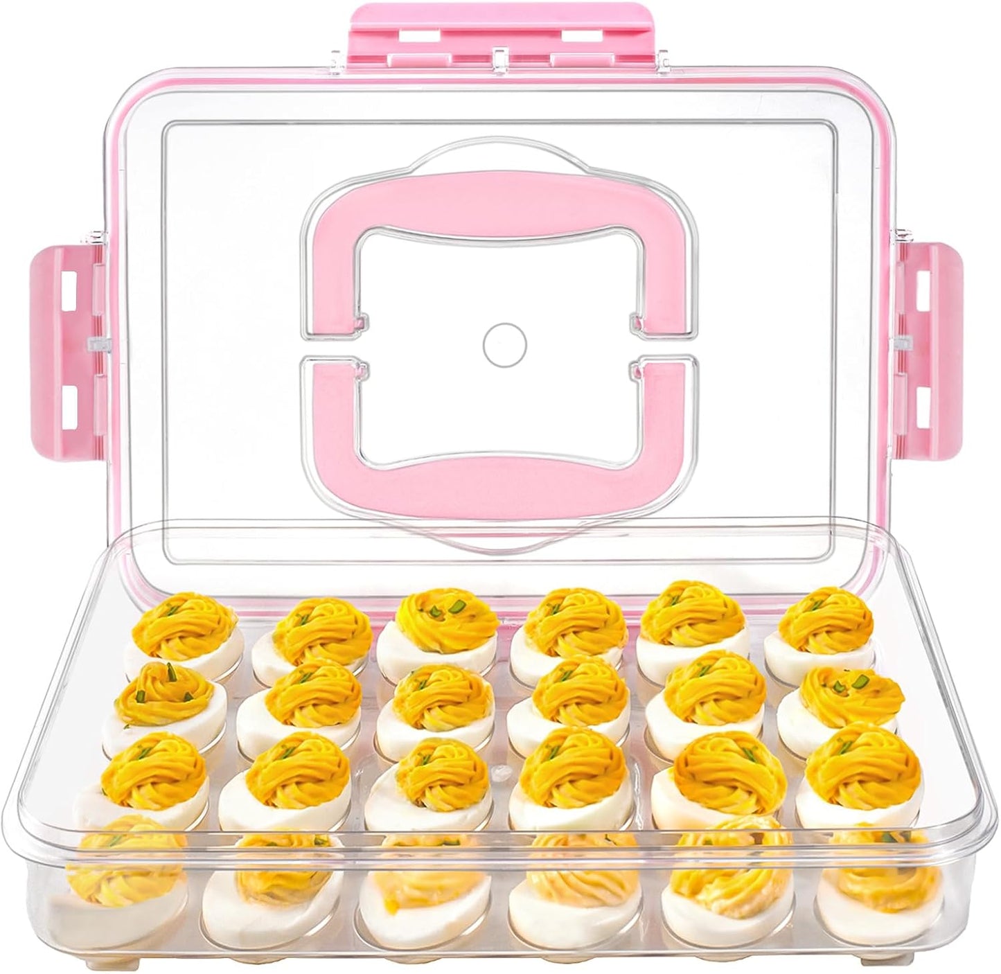 MesRosa 2 Pack Deviled Egg Containers with Lid and Handle, Durable Clear Plastic Deviled Egg Carrier Storage 48 Eggs, Stackable Egg Holder for Fridge, Portable Tray Platter for Party & Picnics-White