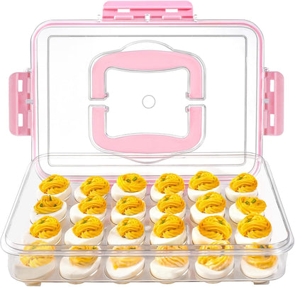 MesRosa 2 Pack Deviled Egg Containers with Lid and Handle, Durable Clear Plastic Deviled Egg Carrier Storage 48 Eggs, Stackable Egg Holder for Fridge, Portable Tray Platter for Party & Picnics-White