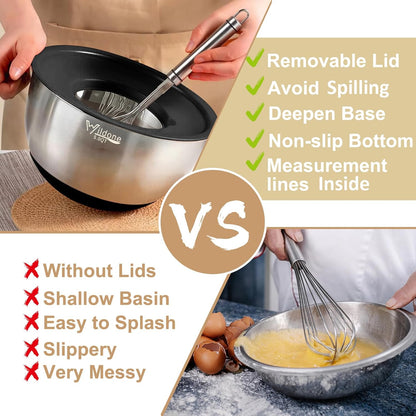 Wildone Mixing Bowls with Airtight Lids, 27 PCS Stainless Steel Nesting Bowls, with 3 Grater Attachments, Scale Mark & Non-Slip Bottom, Size 5, 4, 3, 2, 1.5, 1, 0.63QT, Ideal for Mixing & Prepping