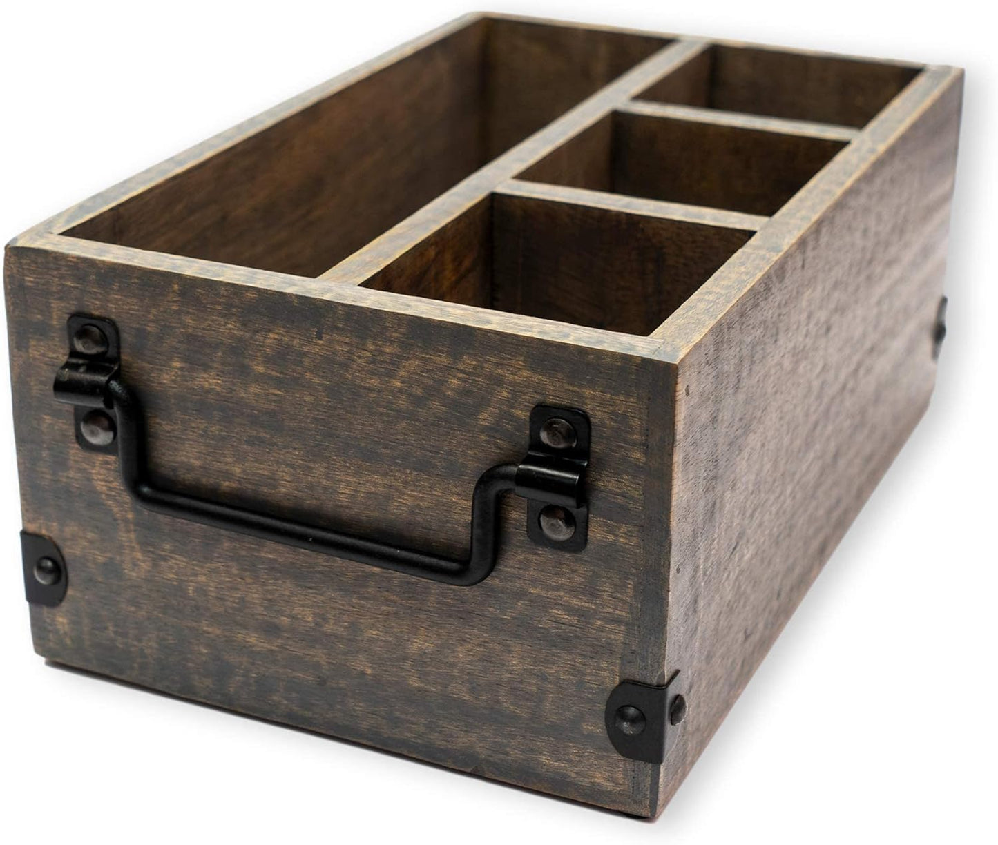 GoCraft 4-Compartment Flatware Caddy – Wooden Cutlery Holder with Napkin Holder, Silverware & Condiment Organizer, White Washed Mango Wood with Metal Handles, Perfect for Kitchen, Dining, and Picnics