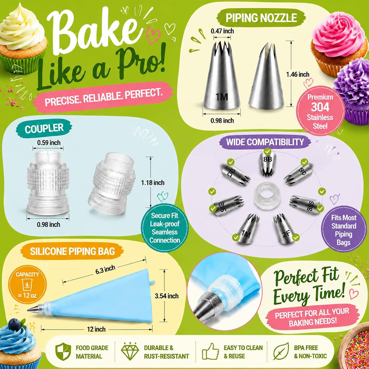 Hendiy Large Piping Tips Set, 2D 2F 1M 4B 1A 6B 853 with Reusable Bag