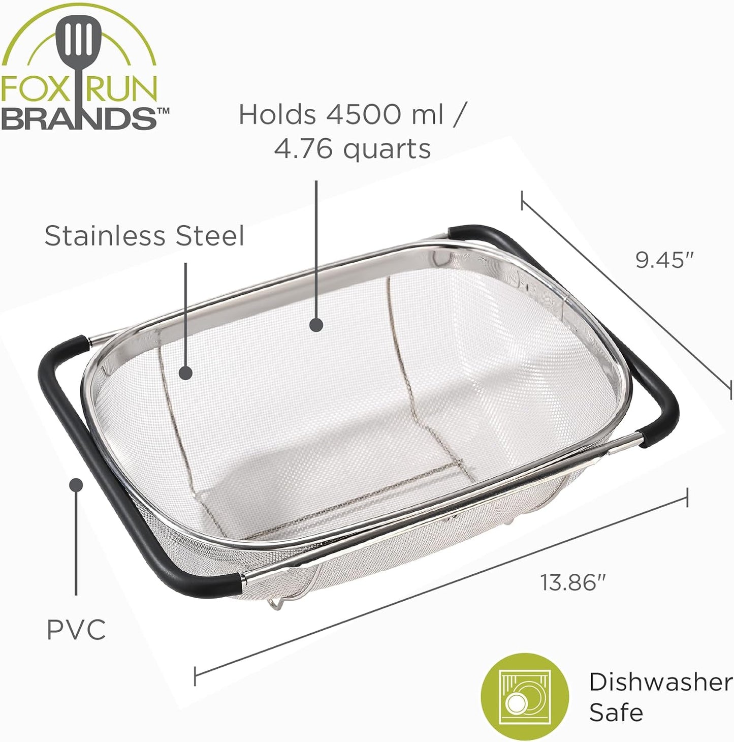 Fox Run Stainless Steel Colander, 4.7 Quart Over The Sink Pasta Strainer