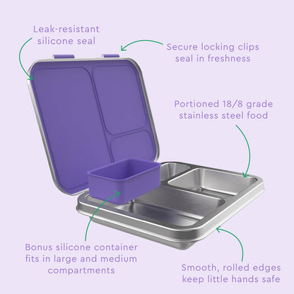 Bentgo Kids Stainless Steel Leak-Resistant Lunch Box - 3-Compartments with Bonus Silicone Container, Durable, Eco-Friendly, Dishwasher Safe, BPA-Free, Ideal for School, Ages 3+ (Silver)