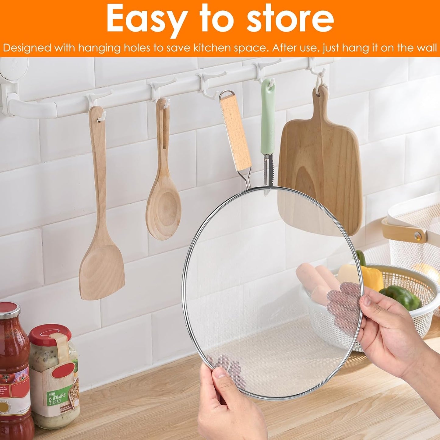 3 Pcs Splatter Screen for Frying Pan, Stainless Steel Fine Mesh Oil Splatter Guard, Splatter Guard with Wood Handle, Grease Splatter Guard for Cooking to Prevent Oil Splatter
