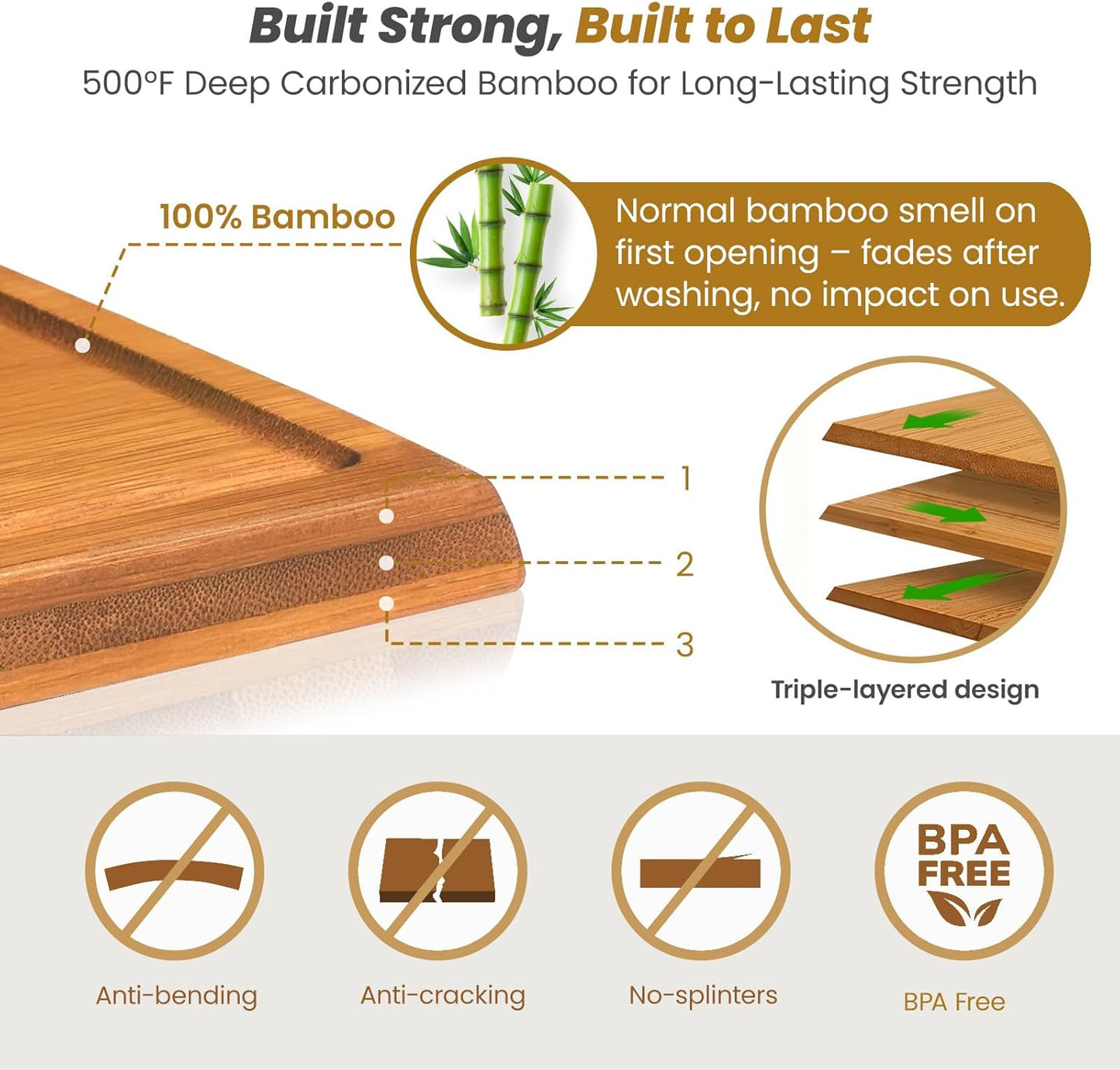 Bamboo Cutting Board Set with Stand, 3PCS Double-Sided Chopping Boards for Kitchen Meal Prep & Serving, Charcuterie, Juice Grooves & Side Handle, Ideal for Meat, Vegetables, Kitchen Essentials, Brown