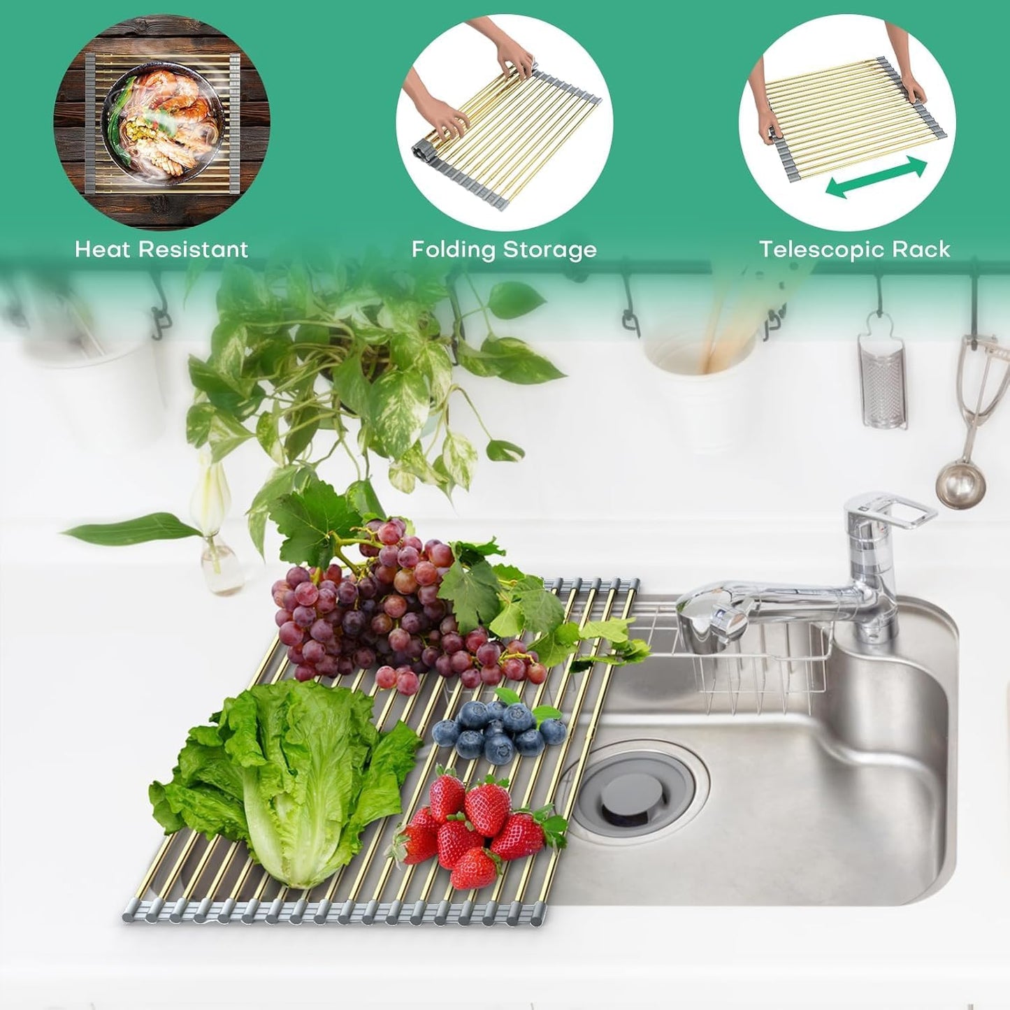 Expandable Roll Up Dish Drying Rack Over The Sink Rack, Foldable Dish Drainer Rack Stainless Steel for Large Sink, Silicone Rollable Collapsible Rack 18 Tube for Kitchen(Sliver,12.8'' to 21.25”)
