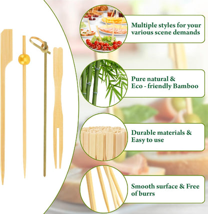 500PCS Cocktail Picks Kit, 4 Styles Fancy Toothpicks for Appetizers, 3 Sizes Long Bamboo Skewers, Decorative Wooden Cocktail Sticks for Party Supplies Food Drinks Fruit Charcuterie Boards Accessories