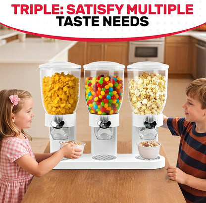 Triple Cereal Dispenser Countertop 2L, Airtight Cereal Containers Storage, Large Capacity Total 6L for Kitchen Pantry, Rotating Dry Food Dispenser for Candy, Nut, Coffee Beans, White