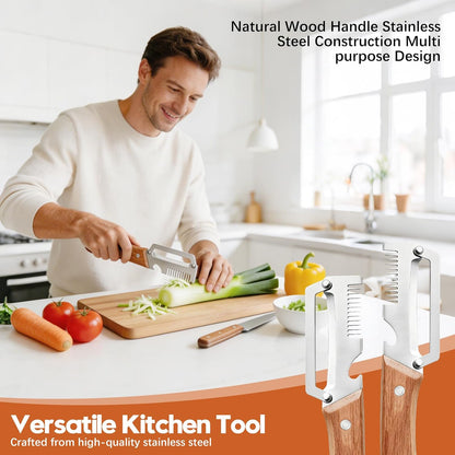 Left & Right Hand Vegetable Peeler Set with Scallion Slicer & Bottle Opener, Thickened Stainless Steel Wide Blade for Smooth Peeling, Wooden Handle Kitchen Peeler for Fruits & Vegetables