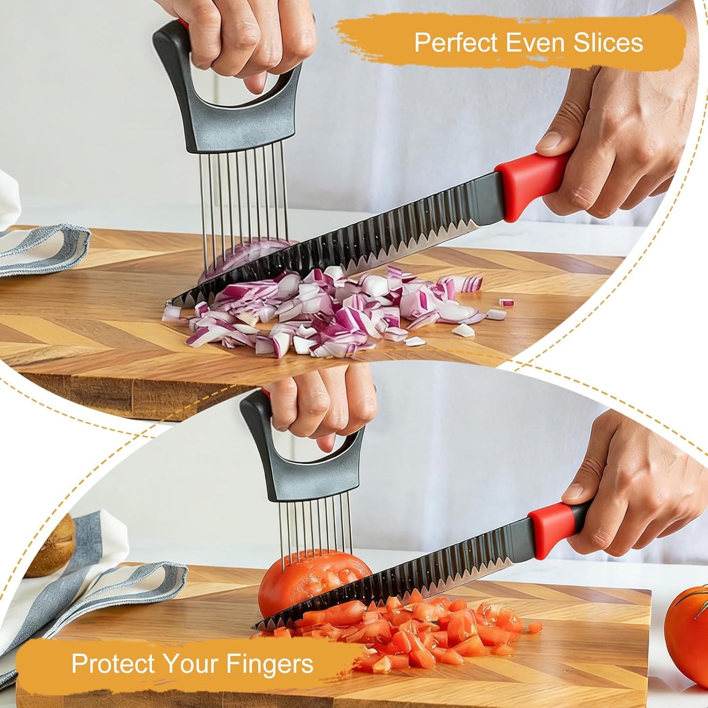 Onion Holder for Slicing – Stainless Steel Onion Cutter Guide for Even Slices, Safe Finger Protection, Vegetable Chopper & French Fry Cutter